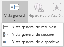 Se muestran distintos tipos de vistas generales que se pueden seleccionar al ir a Insertar > Vista general: Vista general de resumen, Vista general de diapositiva, Vista general de sección.