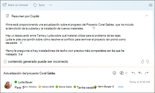 Resumen de hilo de correo electrónico con citas creado por Copilot