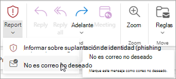 Puede usar el botón Informar > correo no deseado para restaurar un mensaje de la carpeta Email no deseado y, después, indicar a Outlook que deje de enviar mensajes de ese remitente a la carpeta Email no deseado.