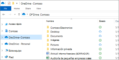 Captura de pantalla de archivos de OneDrive para la Empresa en el Explorador de archivos