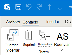 Captura de pantalla que muestra Guardar y cerrar para contactos en Outlook clásico