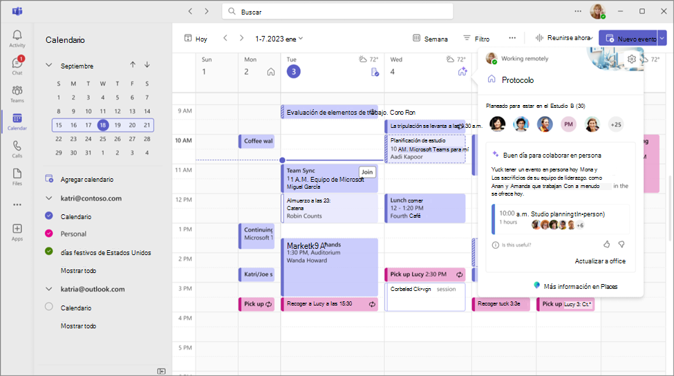 Captura de pantalla que muestra recomendaciones de la oficina en persona por Places en Teams.