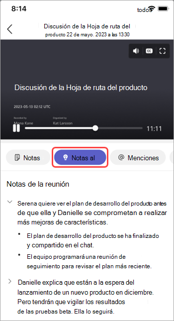 Vea las notas generadas por IA en el resumen de la reunión de Teams.