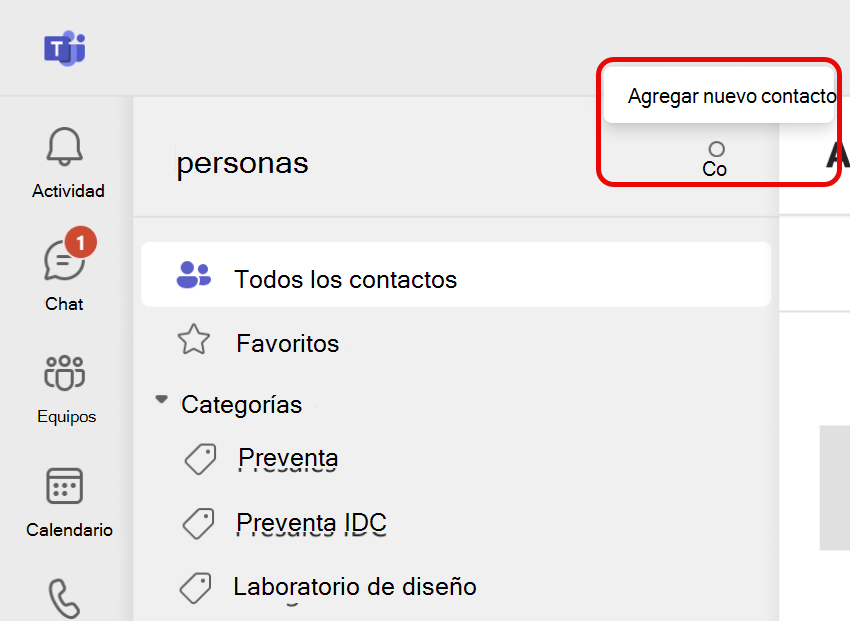 Captura de pantalla del icono agregar nuevo contacto en la aplicación Contactos de Teams