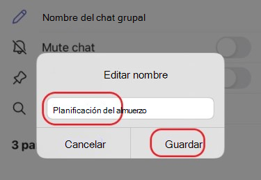 guardar un nuevo nombre de chat grupal en un dispositivo móvil