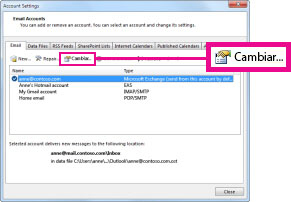 Comando Cambiar del cuadro de diálogo Configuración de la cuenta