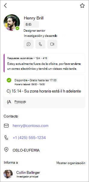 Vista de tarjetas de perfil en Teams para móviles