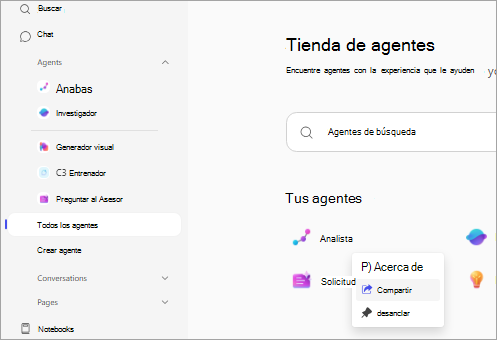 Muestra Microsoft 365 Copilot, con un agente seleccionado en el área de trabajo y la opción "Compartir" visible.
