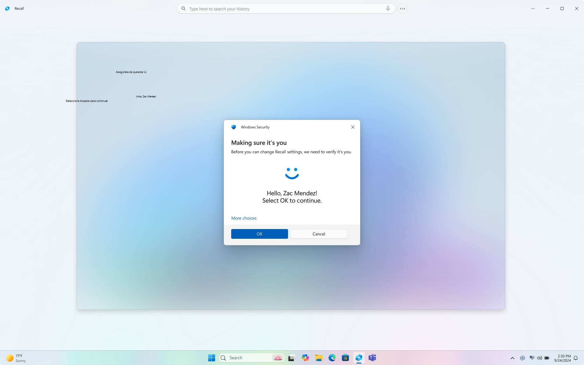 Captura de pantalla de Windows Hello en la que se solicita autenticación para Recuerdos