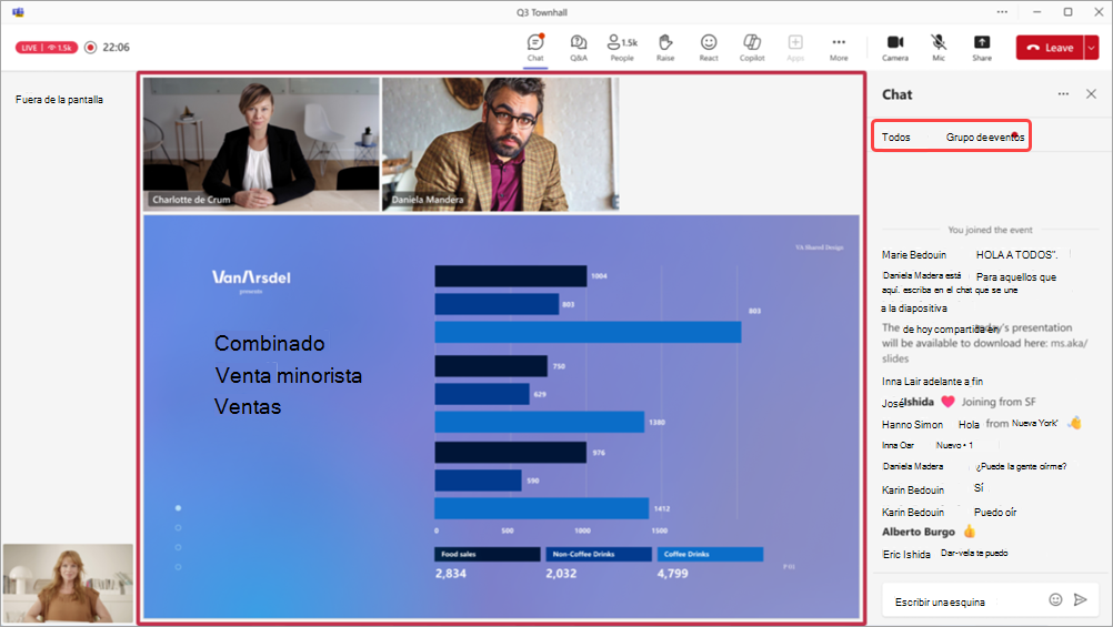 Captura de pantalla que muestra un ayuntamiento en Teams con la fuente de chat del organizador mostrada.