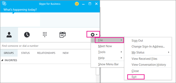 Para salir de Skype Empresarial, elija el icono de engranaje y luego Archivo > Salir