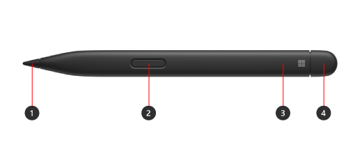 Surface Slim Pen 2 con números que indican las diferentes características físicas.
