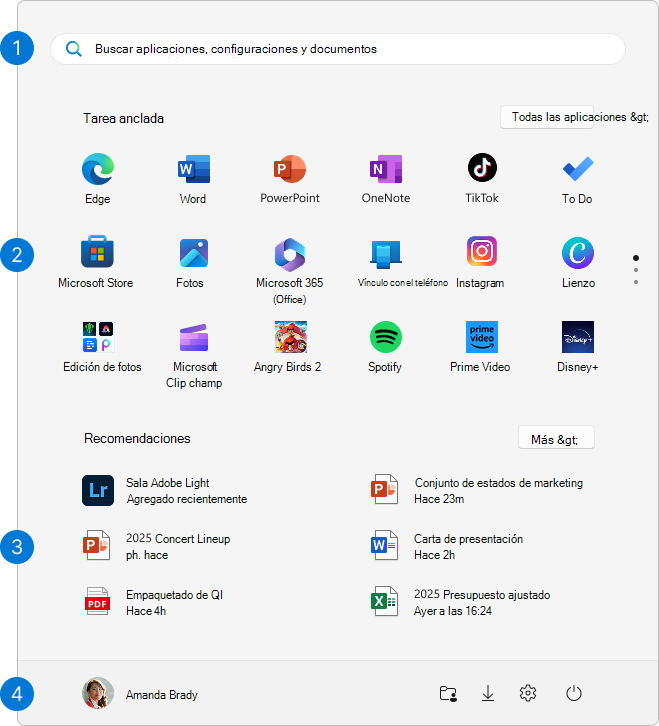 Captura de pantalla del menú Inicio Windows 11, con cada área resaltada.