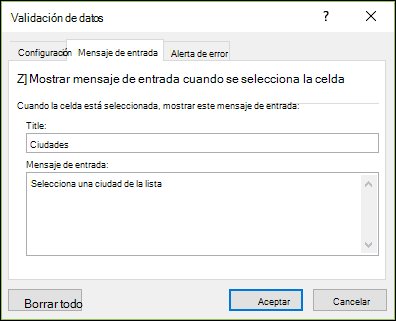 Opción Mensaje de entrada de validación de datos
