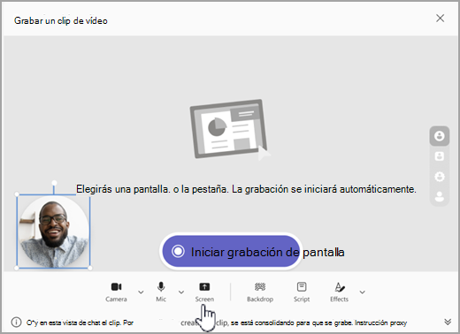Captura de pantalla de la opción para iniciar la grabación de pantalla en Microsoft Teams.