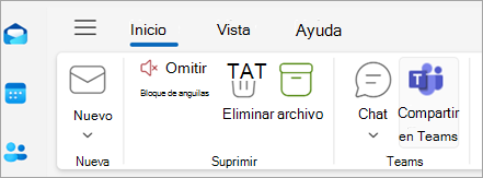 Captura de pantalla que muestra Compartir en Teams en la cinta de opciones de Outlook