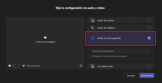 Pantalla de conexión previa de Teams con la opción Audio de la sala (sugerida).