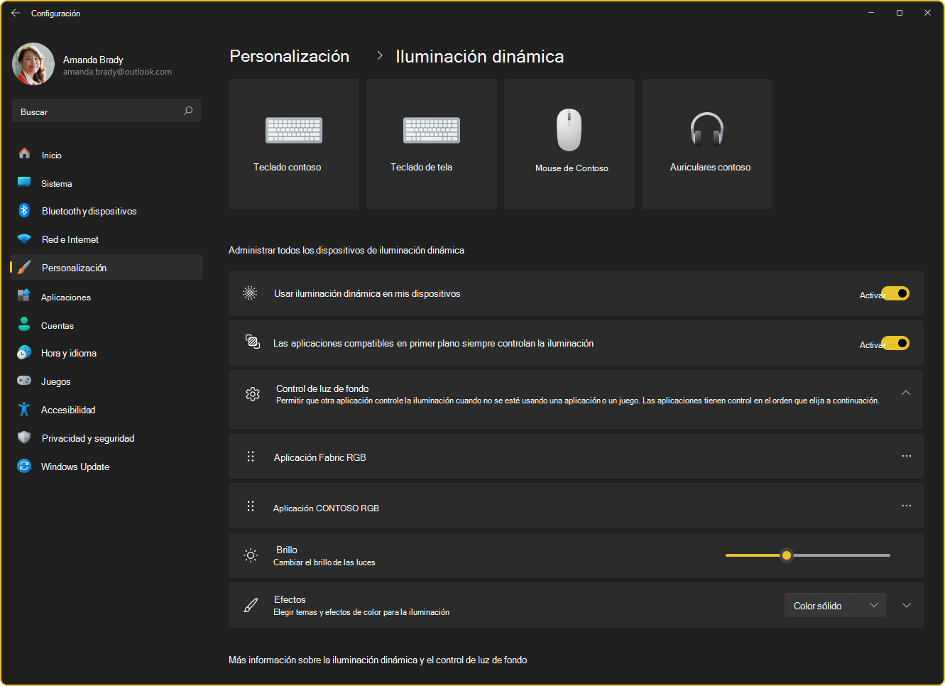 Captura de pantalla de la página Configuración- Iluminación dinámica.