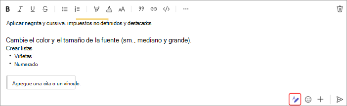 Captura de pantalla que muestra opciones para dar formato a un mensaje de chat