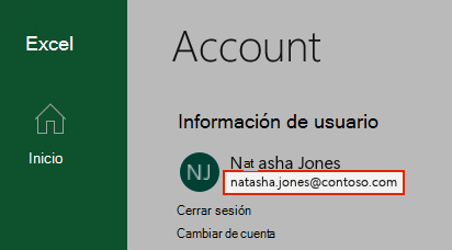 Captura de pantalla que muestra una cuenta de usuario en Excel.