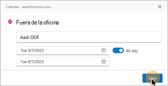 Captura de pantalla que muestra el título y la fecha en la tarjeta de Fuera de la oficina