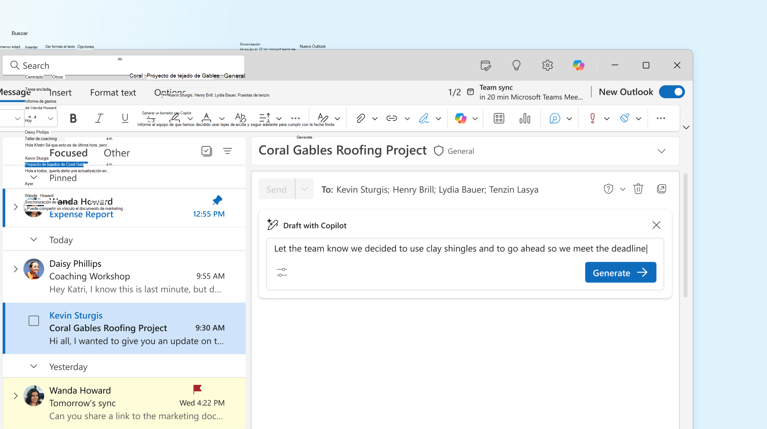 Captura de pantalla que muestra Copilot en Outlook redactando un mensaje de correo electrónico.