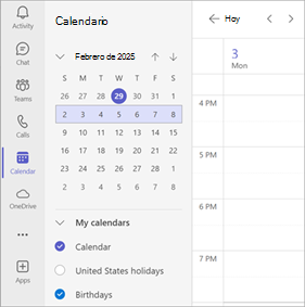 Captura de pantalla que muestra varios calendarios seleccionados en un calendario de Teams.