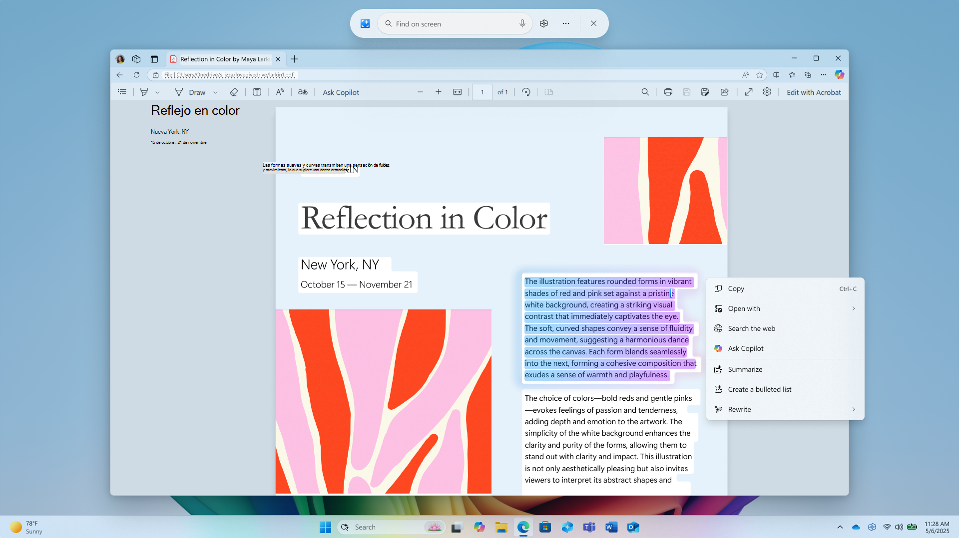 Captura de pantalla del menú de acciones de texto para Hacer clic para hacer.