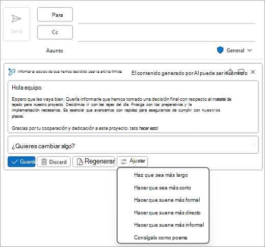 Muestra la página de correo clásica de Outlook, con un borrador de Copilot y las opciones de "Ajustar" mostradas.