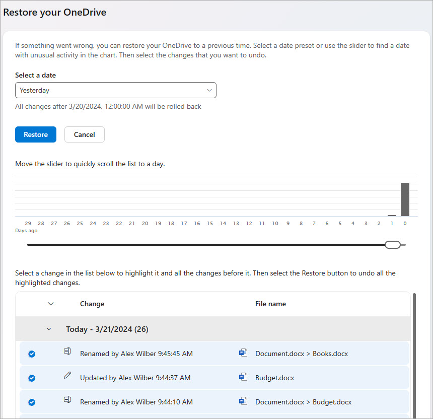Restaurar las actividades de archivos de OneDrive.