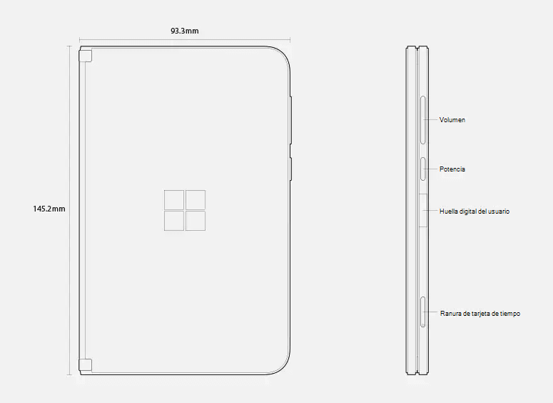 Muestra las dimensiones y características de Surface Duo, con el dispositivo cerrado.