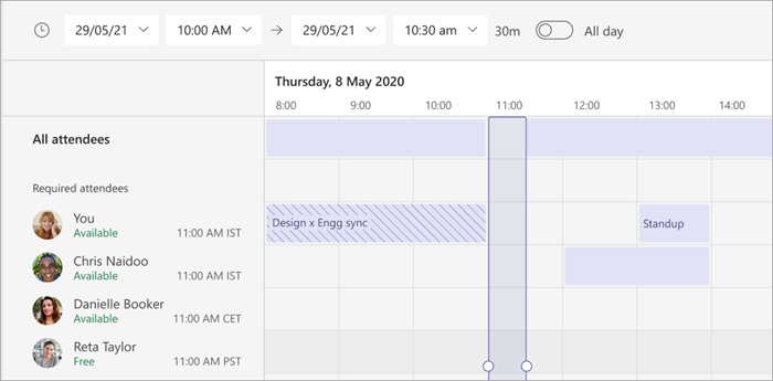 Captura de pantalla de la vista zona horaria del Asistente para programación en Teams