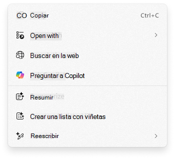 Captura de pantalla del menú contextual Hacer clic y hacer con Ask Copilot