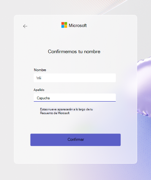 Logotipo de Skype Teams con campos que confirman el nombre