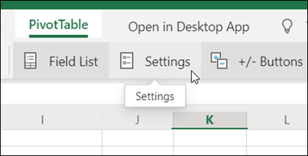 El botón Configuración en la pestaña de tabla dinámica en Excel para la web