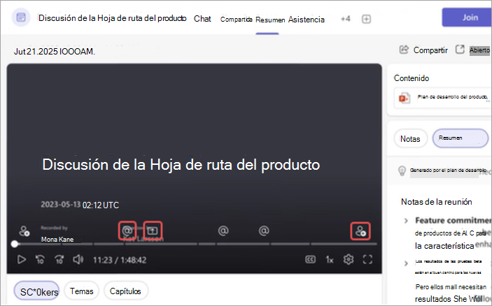 Vista de resumen de la reunión en Teams