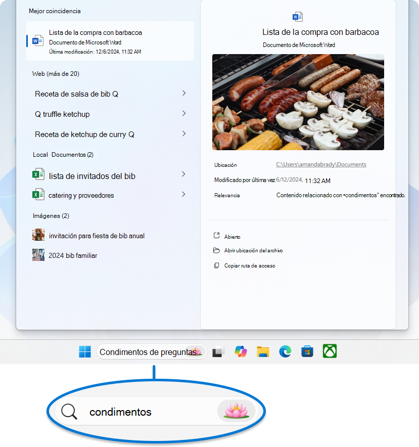 Captura de pantalla de la sección de búsqueda en la barra de tareas.