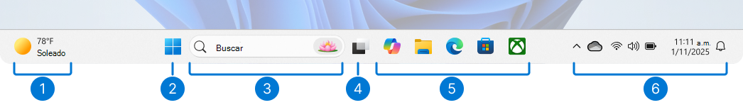 Captura de pantalla de la Windows 11 barra de tareas con una descripción de las diferentes áreas.