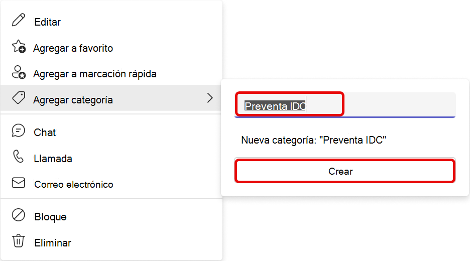 Captura de pantalla del flujo de trabajo agregar categoría en la aplicación Contactos de Teams