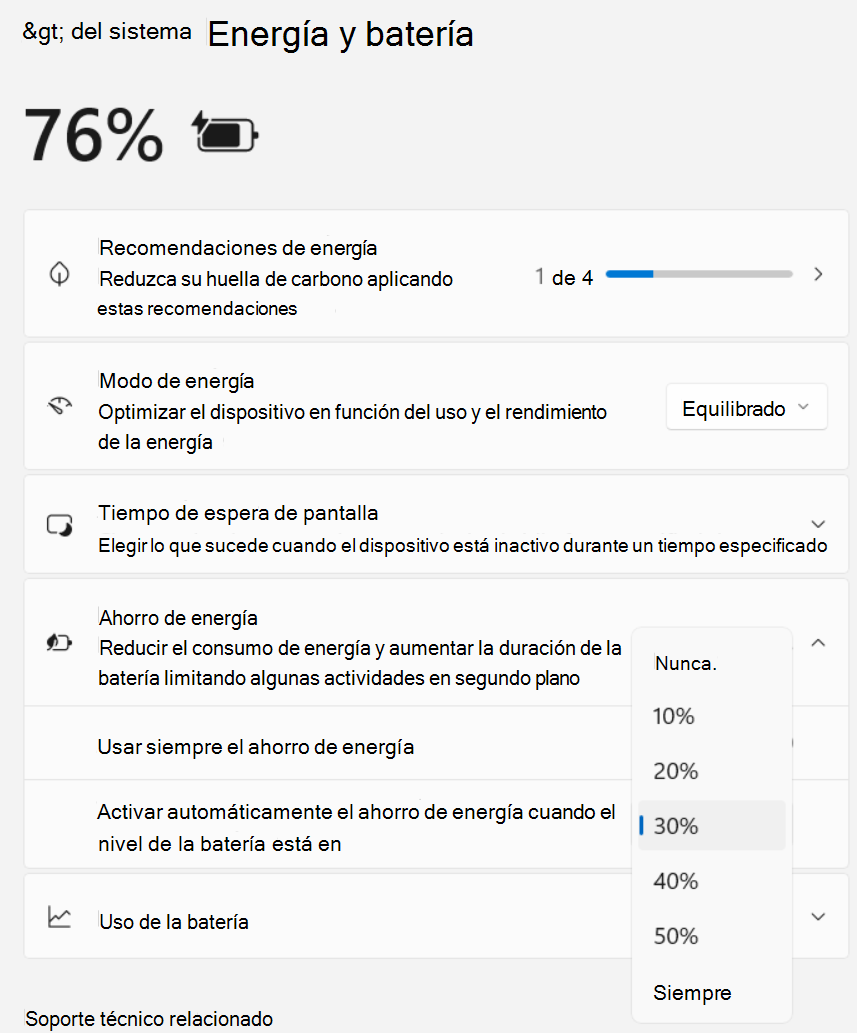 Recorte de pantalla de Configuración > Sistema > Inicio/Apagado y batería > Ahorro de energía