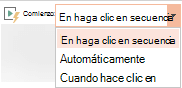 Las opciones de reproducción para un vídeo en su PC son: In Click Sequence (En secuencia de clics), Automáticamente o Al hacer clic
