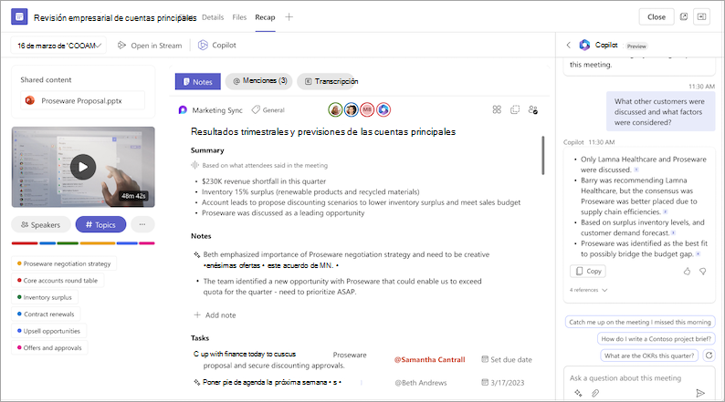 Captura de pantalla que muestra la funcionalidad de copiloto en un resumen de reunión de Teams