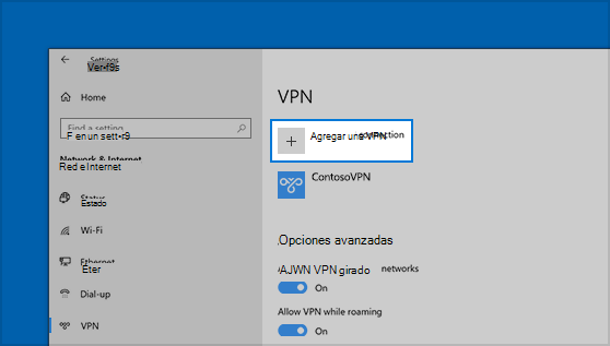 La ubicación del botón Agregar una conexión VPN en Configuración