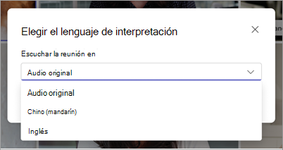 Captura de pantalla que muestra el menú desplegable Elegir idioma de interpretación en Microsoft Teams.