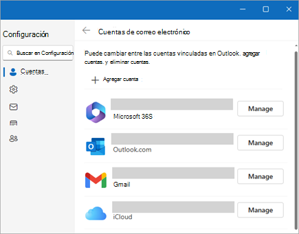 Captura de pantalla de la ventana Configuración que muestra la opción Administrar cuentas en el nuevo Outlook