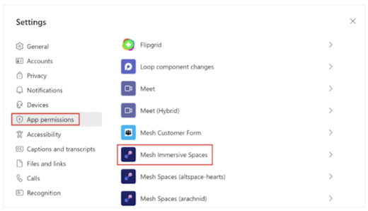 Permisos de aplicaciones para Mesh