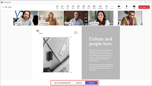 Captura de pantalla que resalta la experiencia del intérprete en Microsoft Teams
