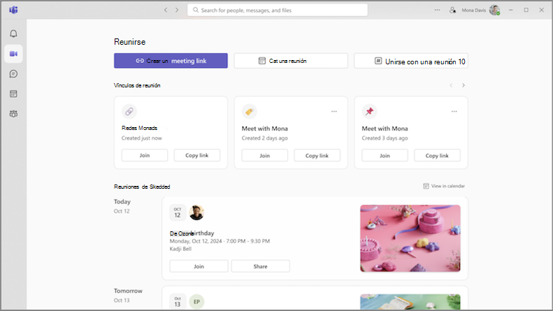 Captura de pantalla de la pestaña Reunirse en Teams que muestra una nueva forma de administrar sus reuniones.