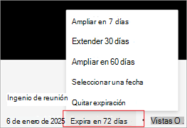 Captura de pantalla que resalta cómo ampliar la fecha de expiración de una grabación en Microsoft Stream.