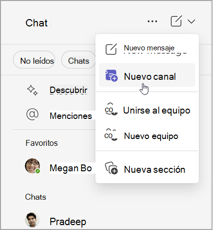 Captura de pantalla del chat de Microsoft Teams con opciones para crear un nuevo mensaje, un canal o un equipo nuevo. También tiene la opción de unirse a un equipo o crear una sección nueva.